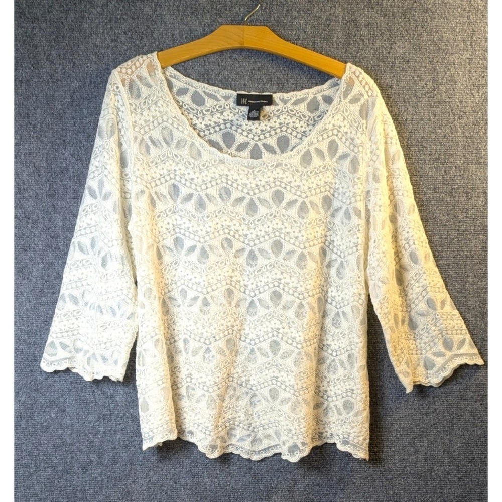 Ivory Lace Crochet Sheer Boho Top Women's Large 3/4 Sleeve INC International C